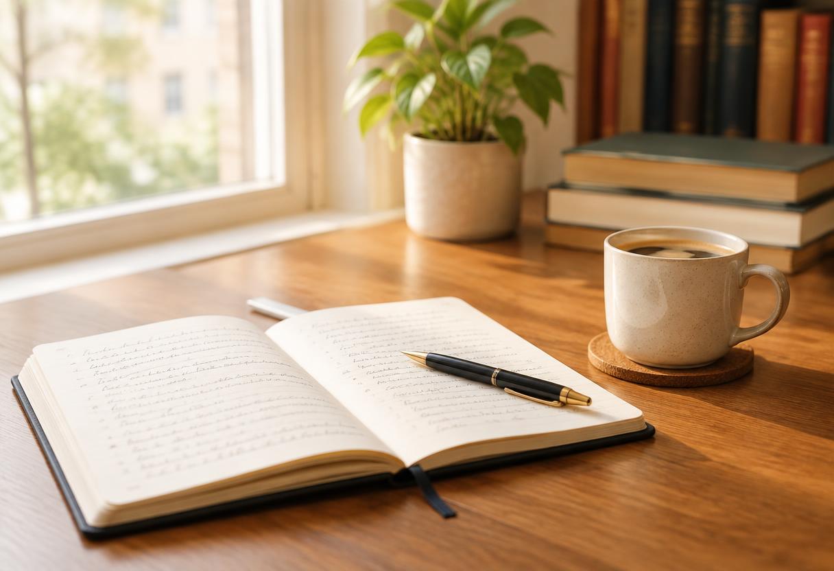 An open notebook and a cup of coffee on a wooden desk by a window